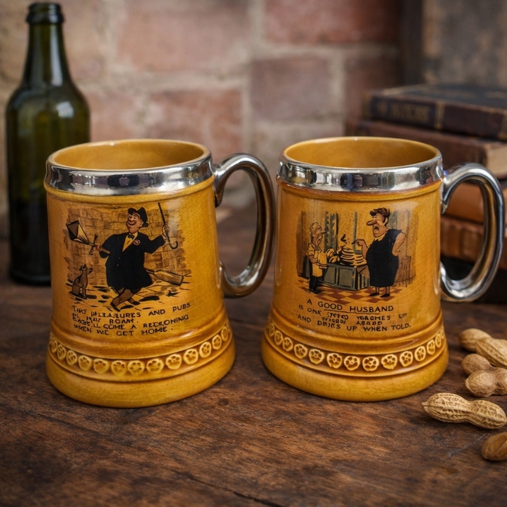 Lord Nelson Pottery England Beer Mugs 2 Vintage Ceramic Pub Humor Silver Accents